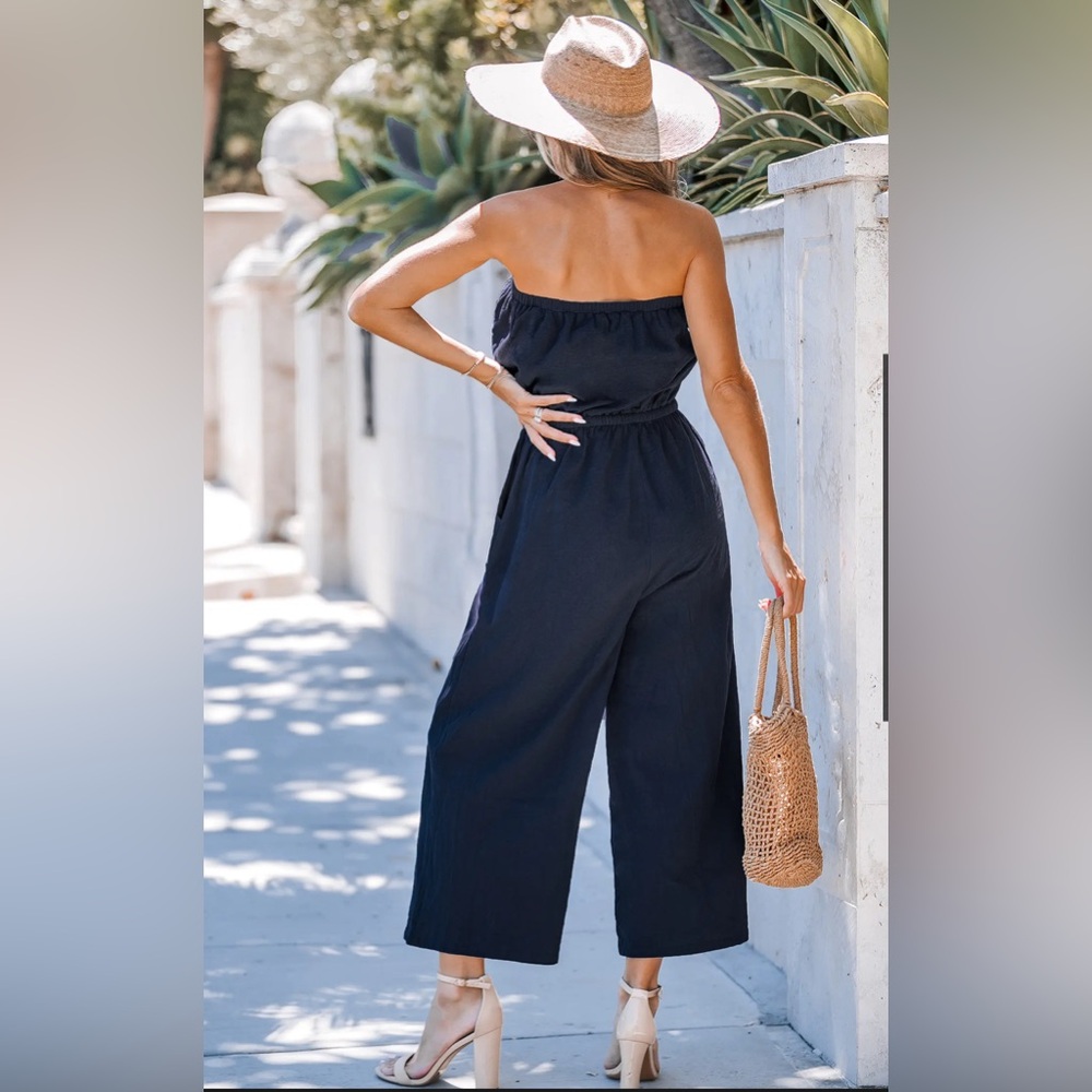 Blue Cinched Waist Straight Leg Jumpsuit